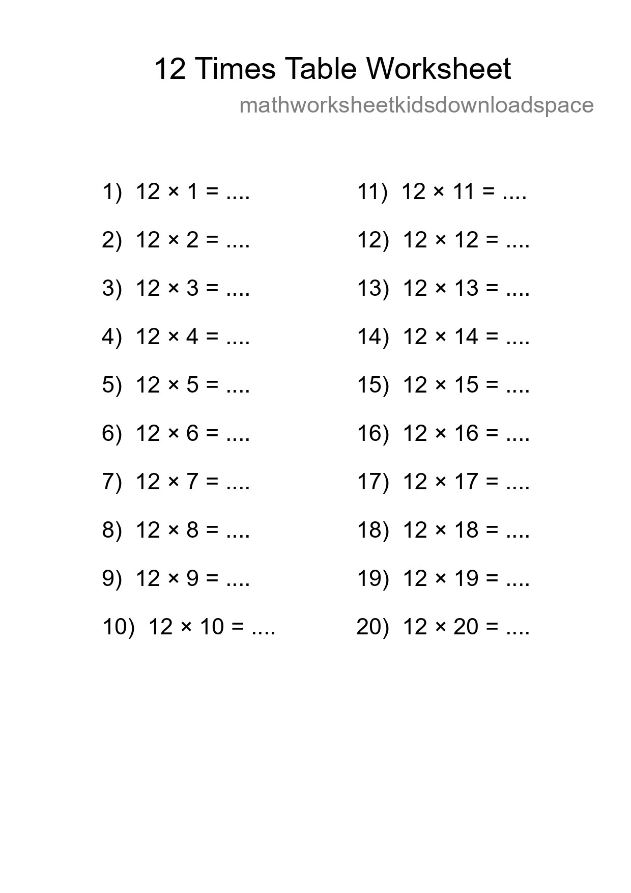 12 Times Table Worksheet For Grade 4 - Part 64