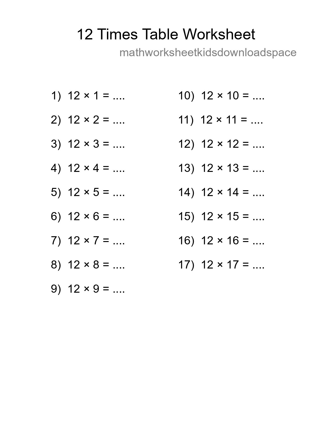 12 Times Table Worksheet For Grade 4 With Answers - Part 86