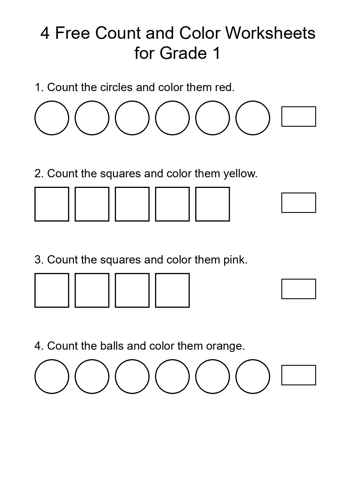 4 Free Count and Color Worksheets for Grade 1
