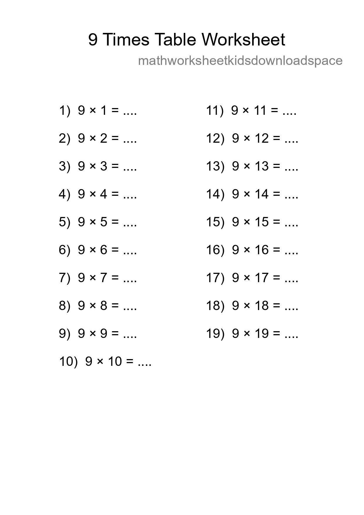 9 Times Table Worksheet For Grade 3 With Answers - Part 75