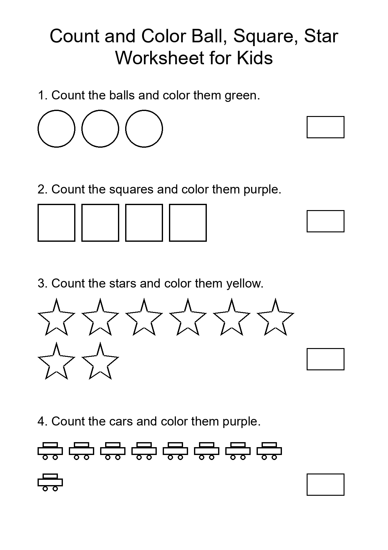 Count and Color Ball, Square, Star Worksheet for Kids