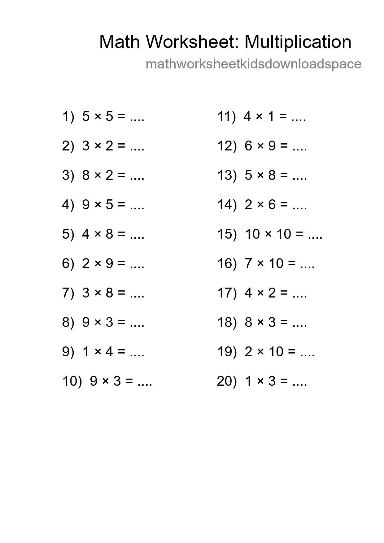 Free 20 Multiplication Math Worksheet For Grade 1 With Answers - Part 205