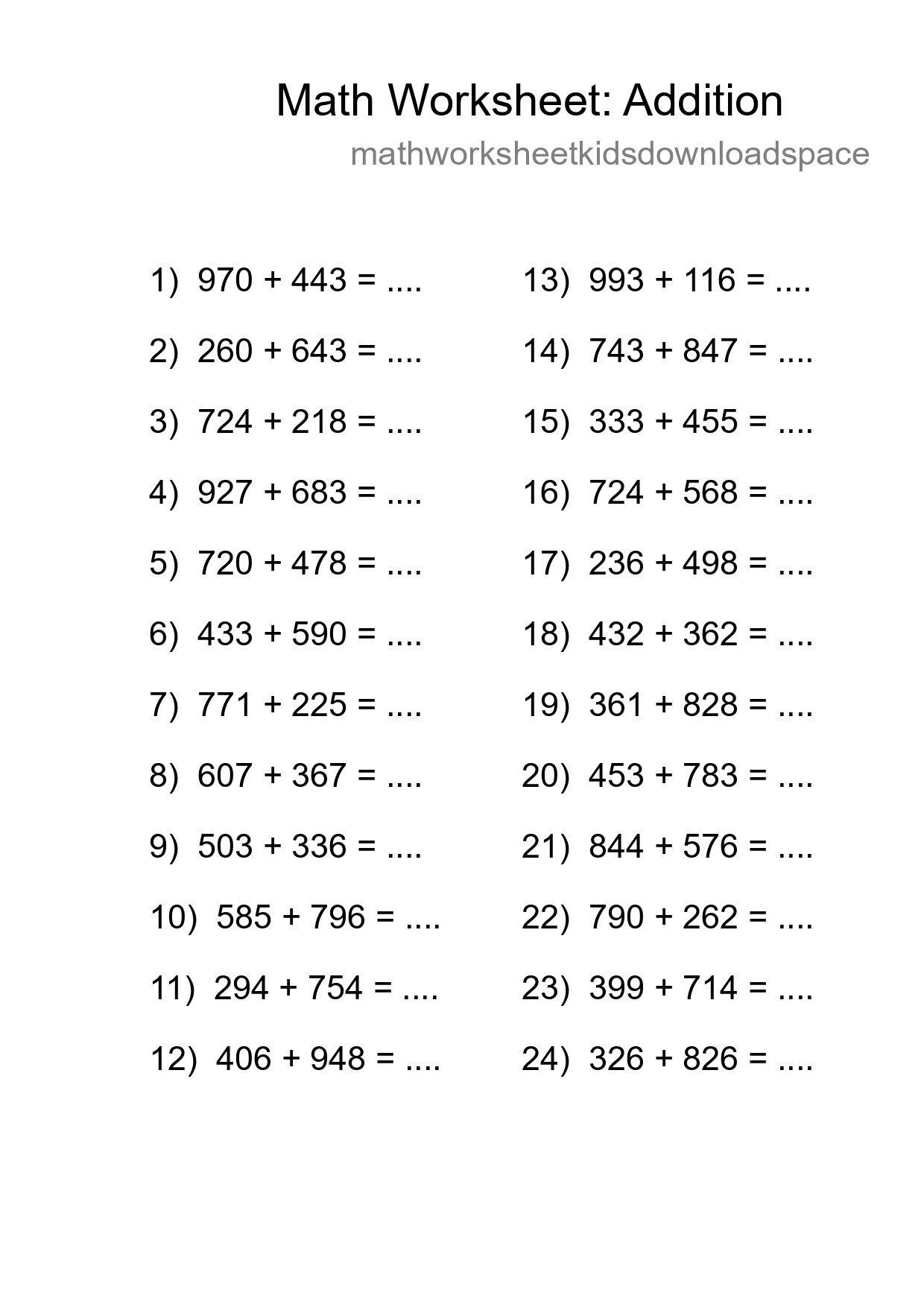 Free 24 Addition Math Worksheet For Grade 5