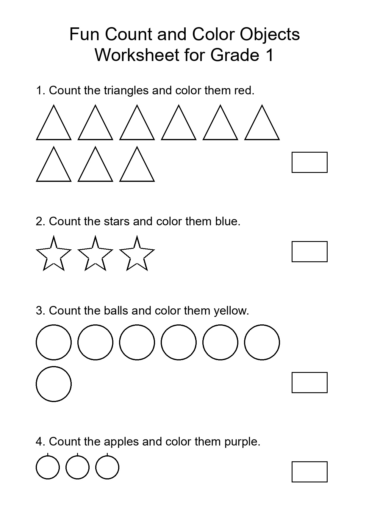 Fun Count and Color Objects Worksheet for Grade 1