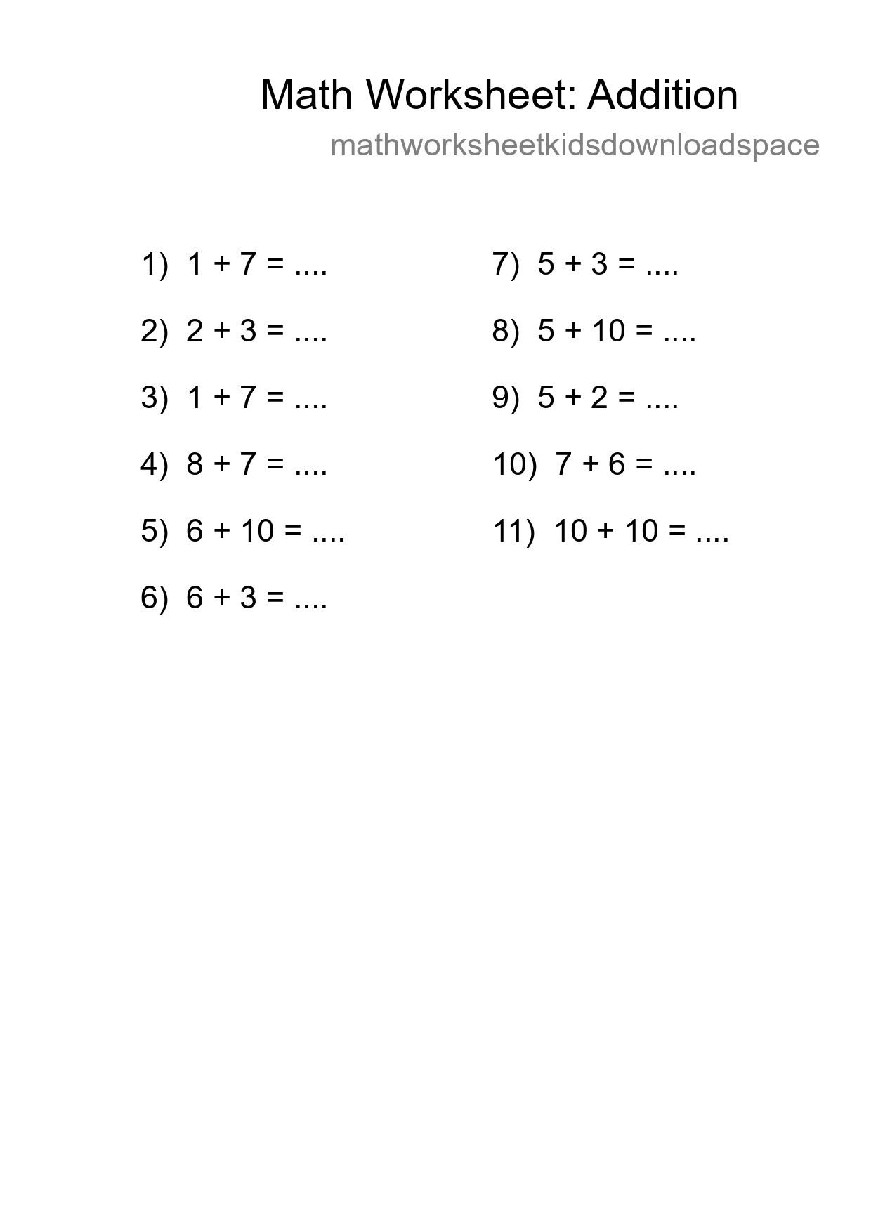Grade 1 Addition Practice Worksheet (11 Problems) - Part 122