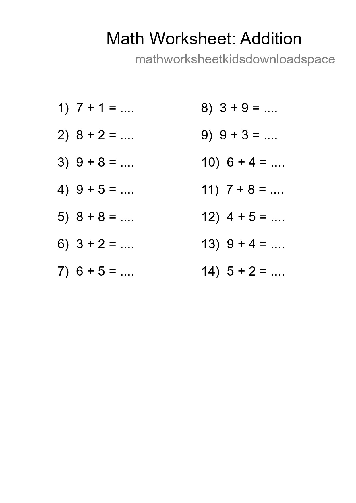 Grade 1 Addition Practice Worksheet (14 Problems) - Part 210