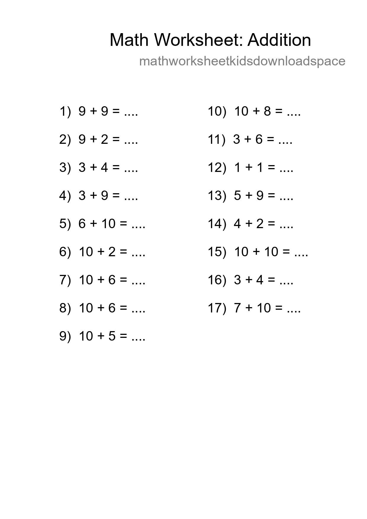 Grade 1 Addition Practice Worksheet (17 Problems) - Part 78