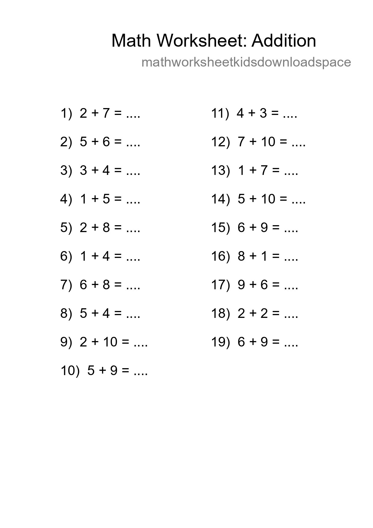 Grade 1 Addition Practice Worksheet (19 Problems) - Part 67