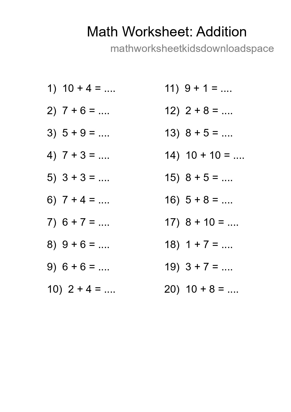 Grade 1 Addition Practice Worksheet (20 Problems) - Part 243