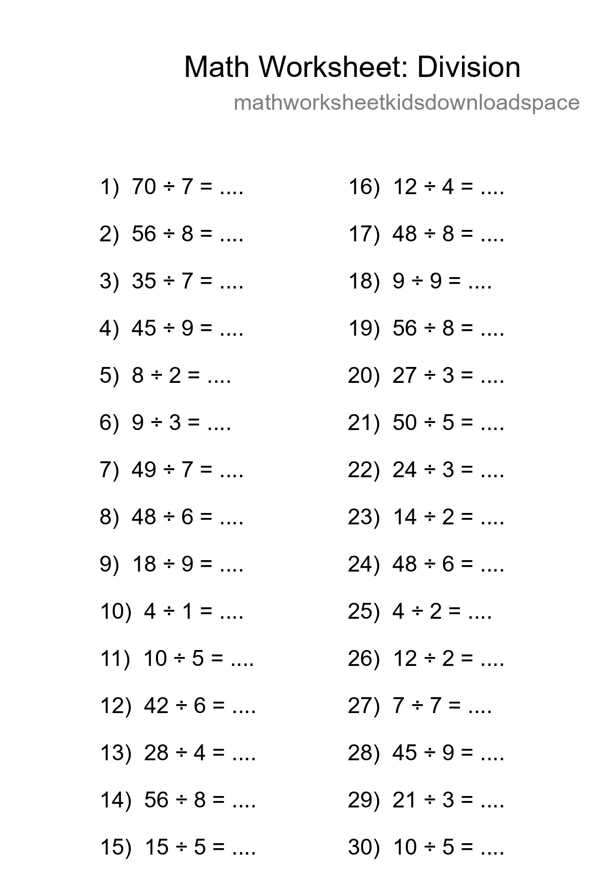 Grade 1 Division Practice Worksheet (30 Problems) - Part 202
