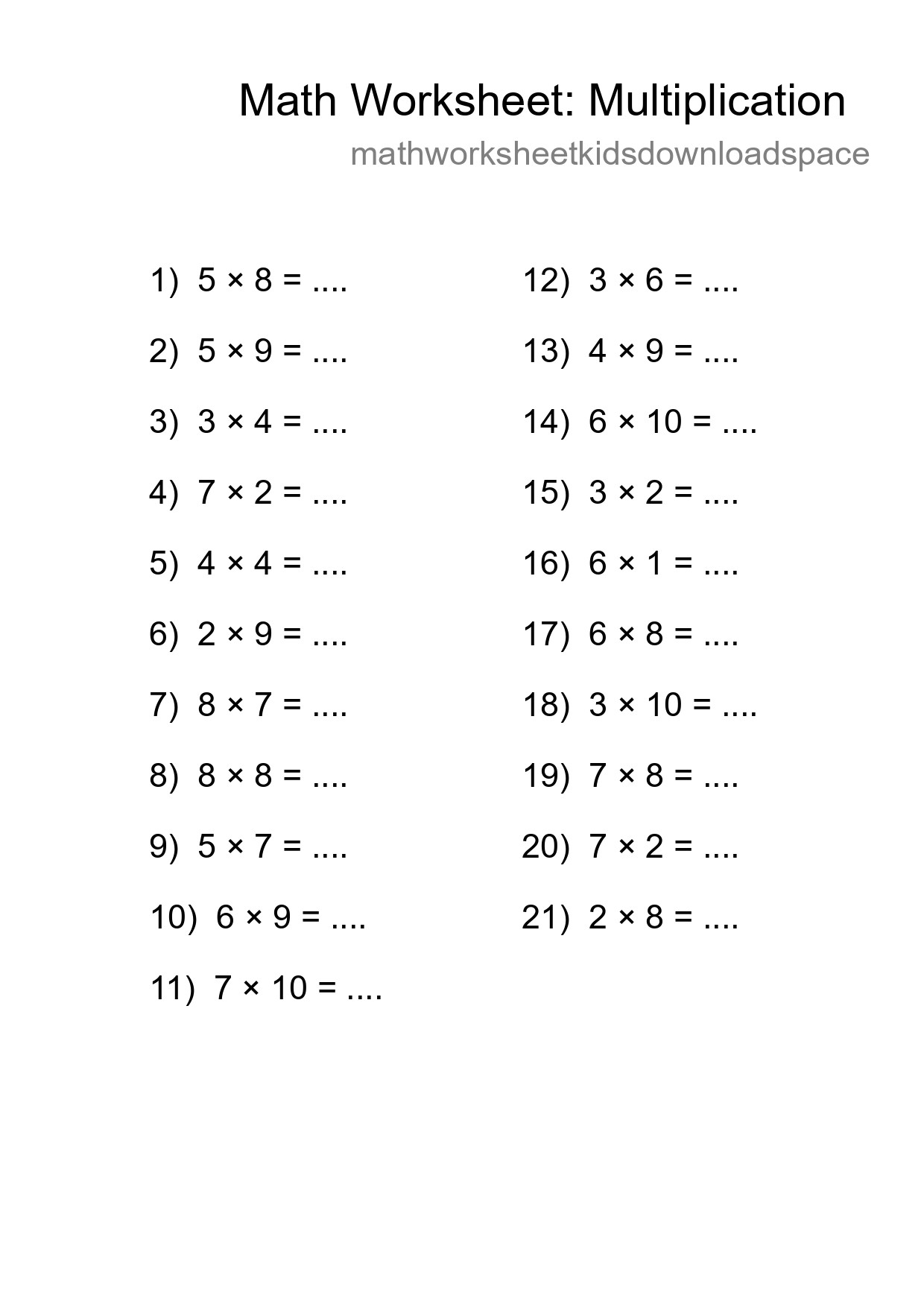 Grade 1 Multiplication Practice Worksheet (21 Problems) - Part 95