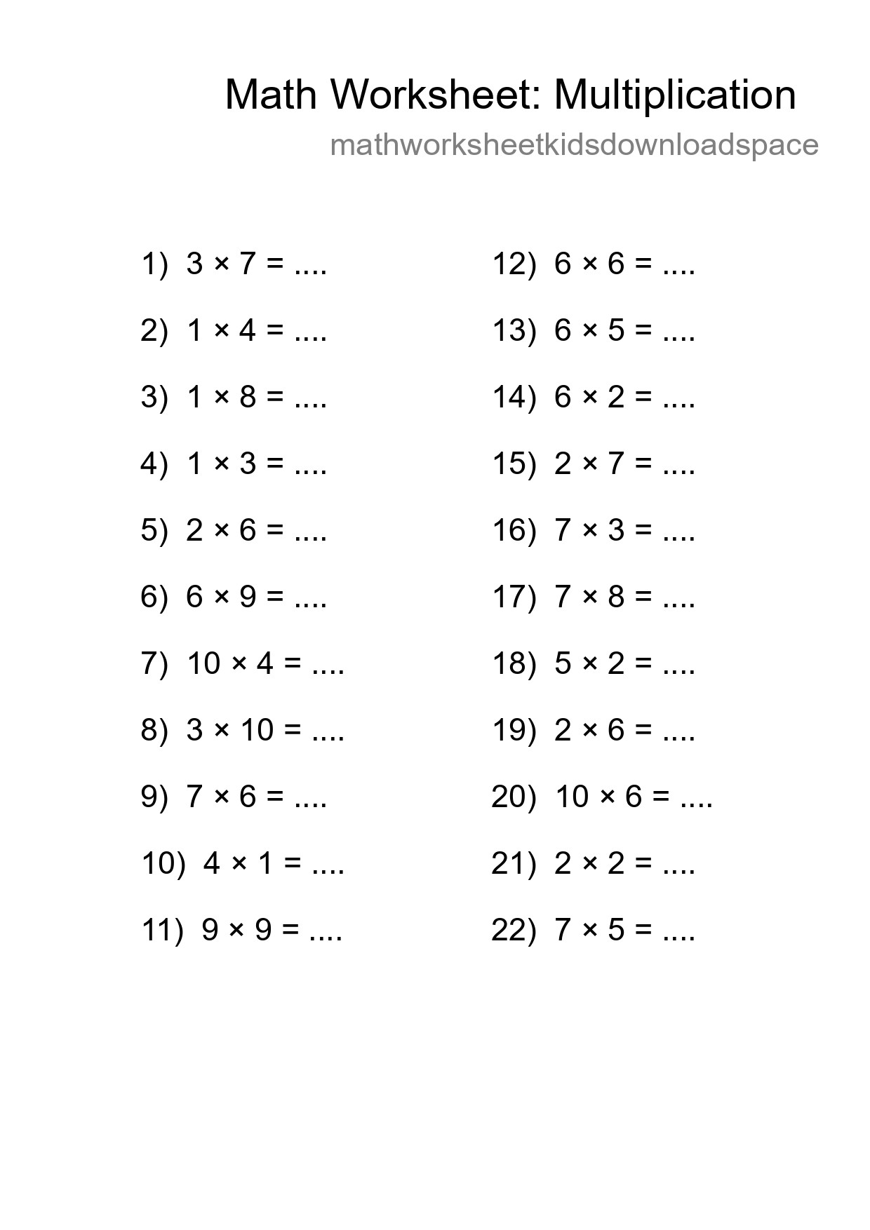 Grade 1 Multiplication Practice Worksheet (22 Problems) - Part 73