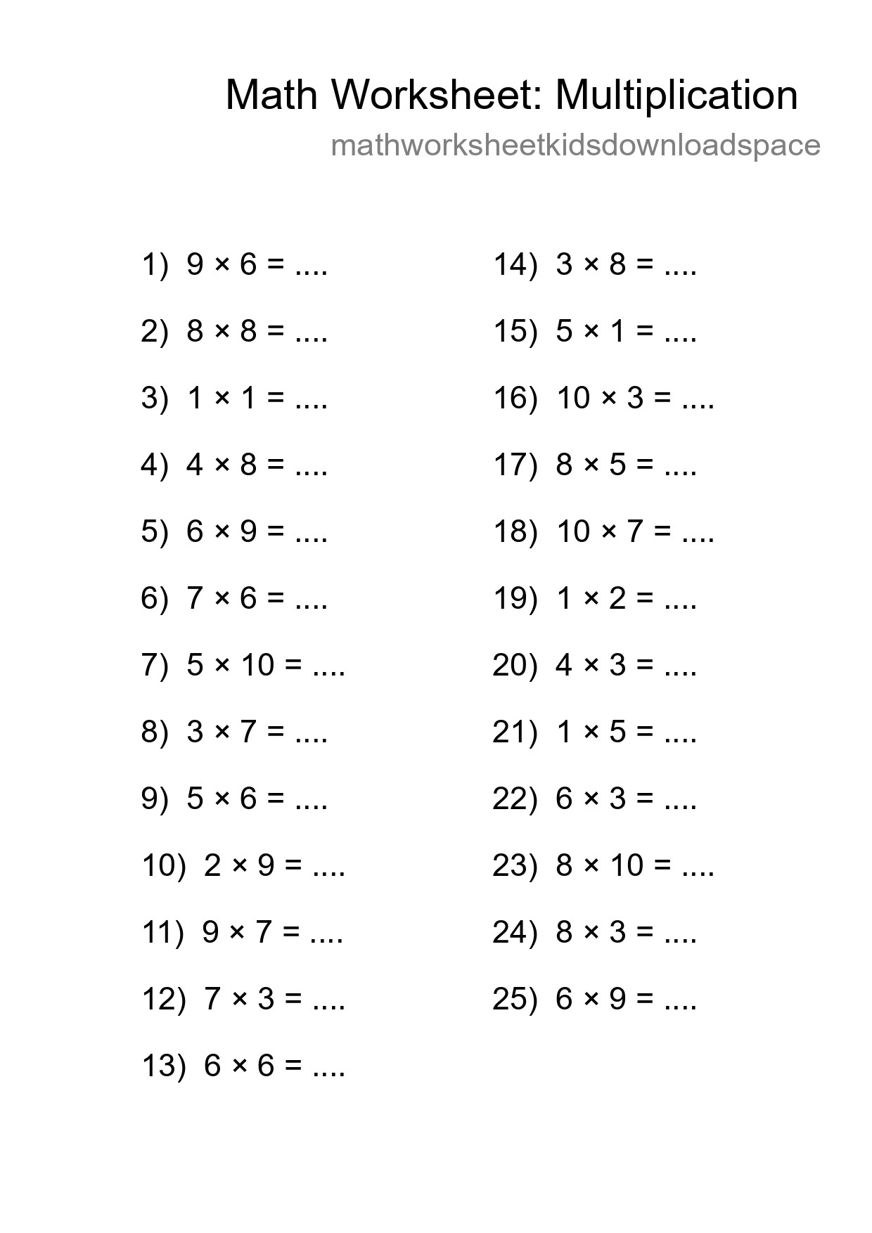 Grade 1 Multiplication Practice Worksheet (25 Problems) - Part 216
