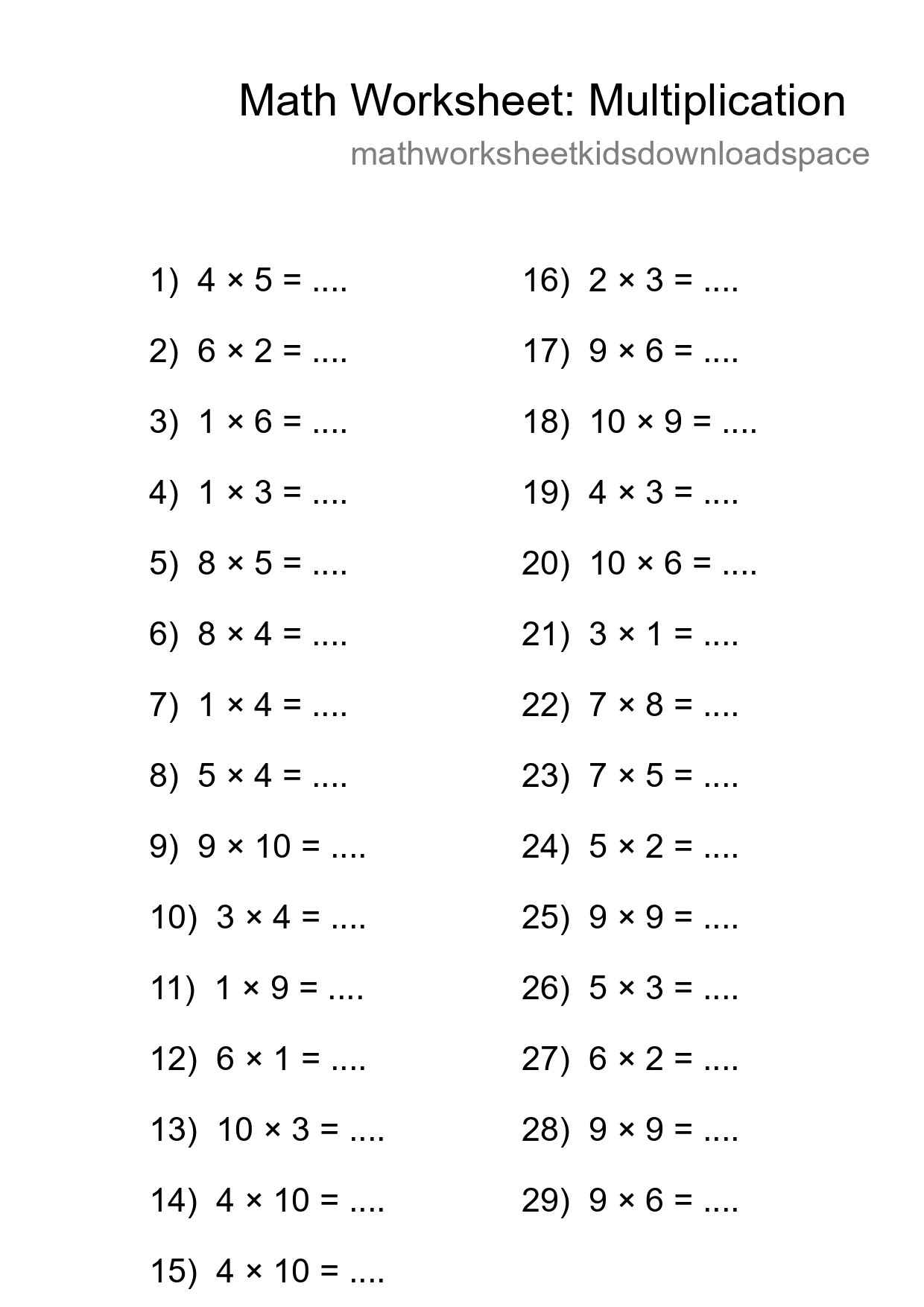 Grade 1 Multiplication Practice Worksheet (29 Problems) - Part 40