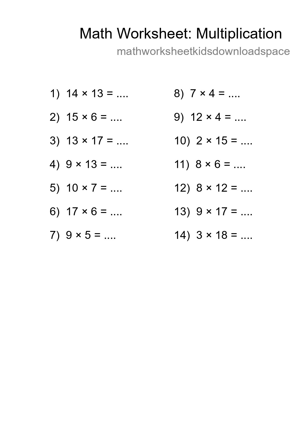 Grade 2 Multiplication Practice Worksheet (14 Problems) - Part 29