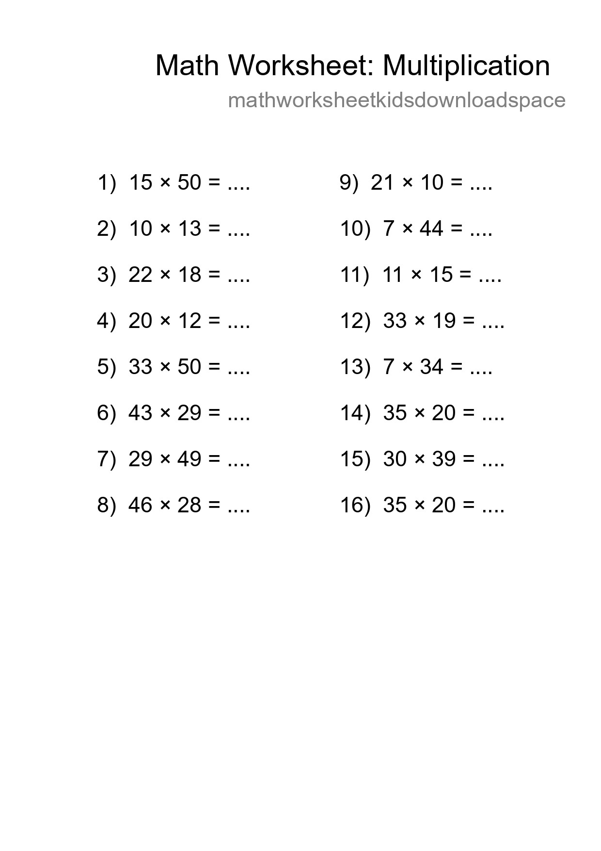 Grade 2 Multiplication Practice Worksheet (16 Problems) - Part 150