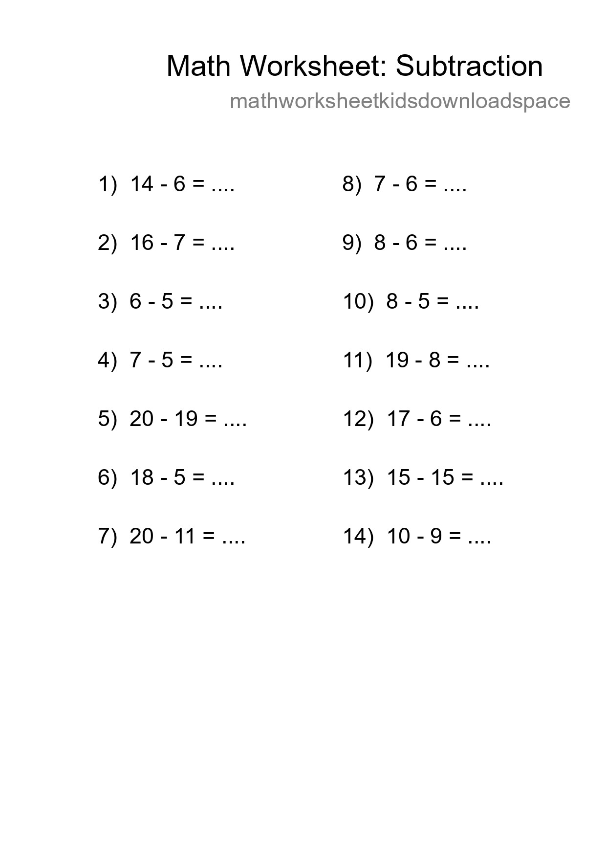 Grade 2 Subtraction Practice Worksheet (14 Problems) - Part 195