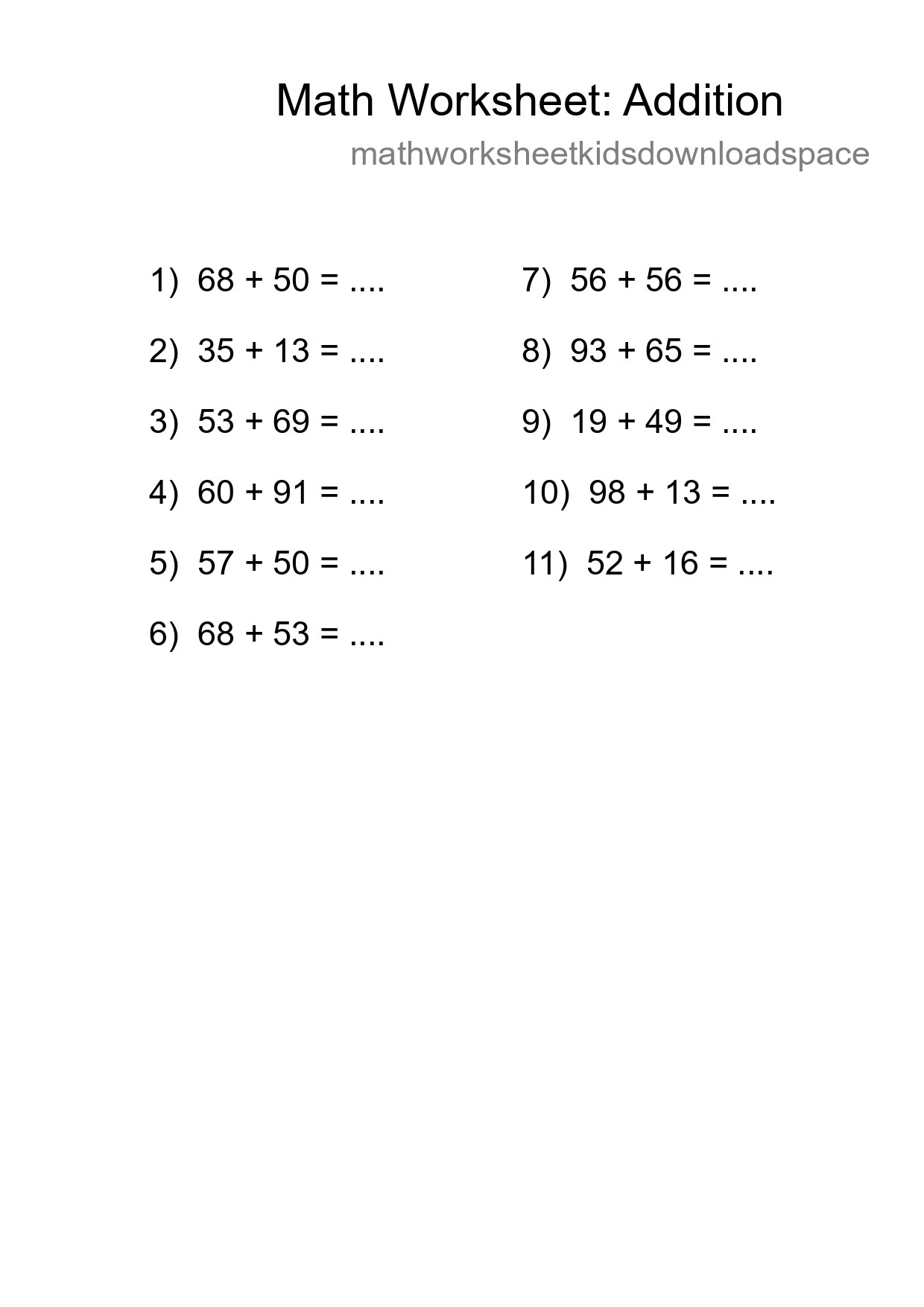 Grade 3 Addition Practice Worksheet (11 Problems) - Part 155