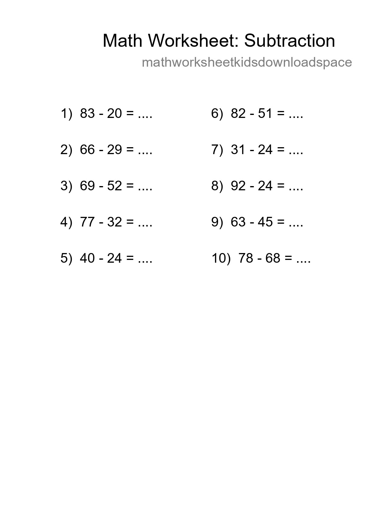 Grade 3 Subtraction Practice Worksheet (10 Problems) - Part 151