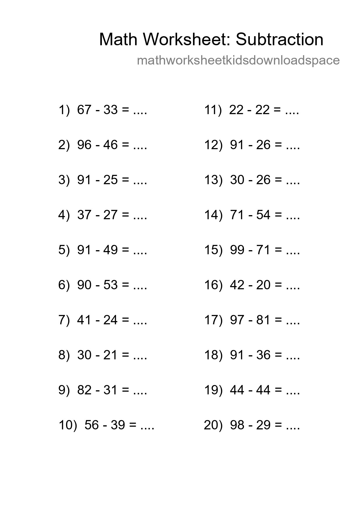 Grade 3 Subtraction Practice Worksheet (20 Problems) - Part 173