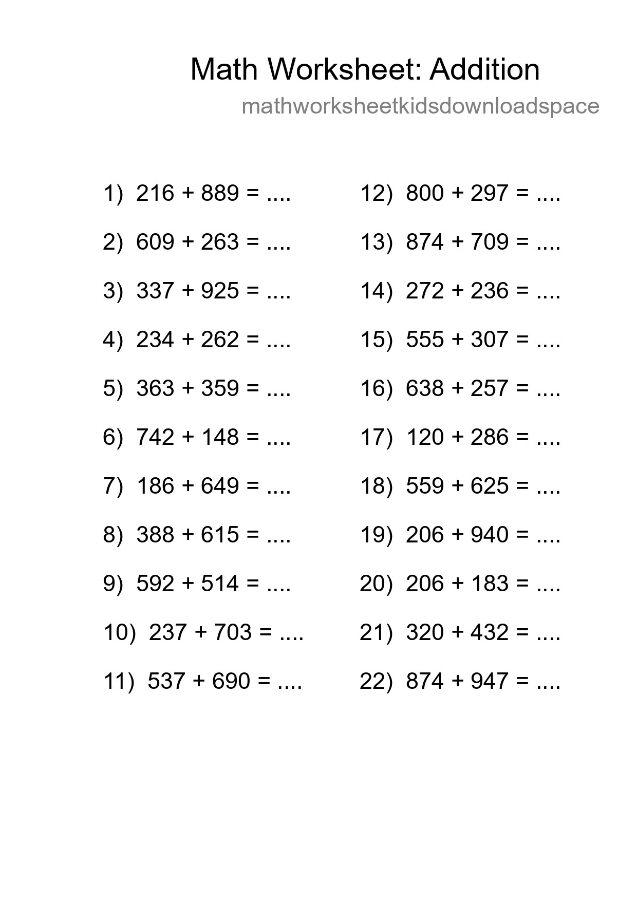 Grade 5 Addition Practice Worksheet (22 Problems) - Part 56