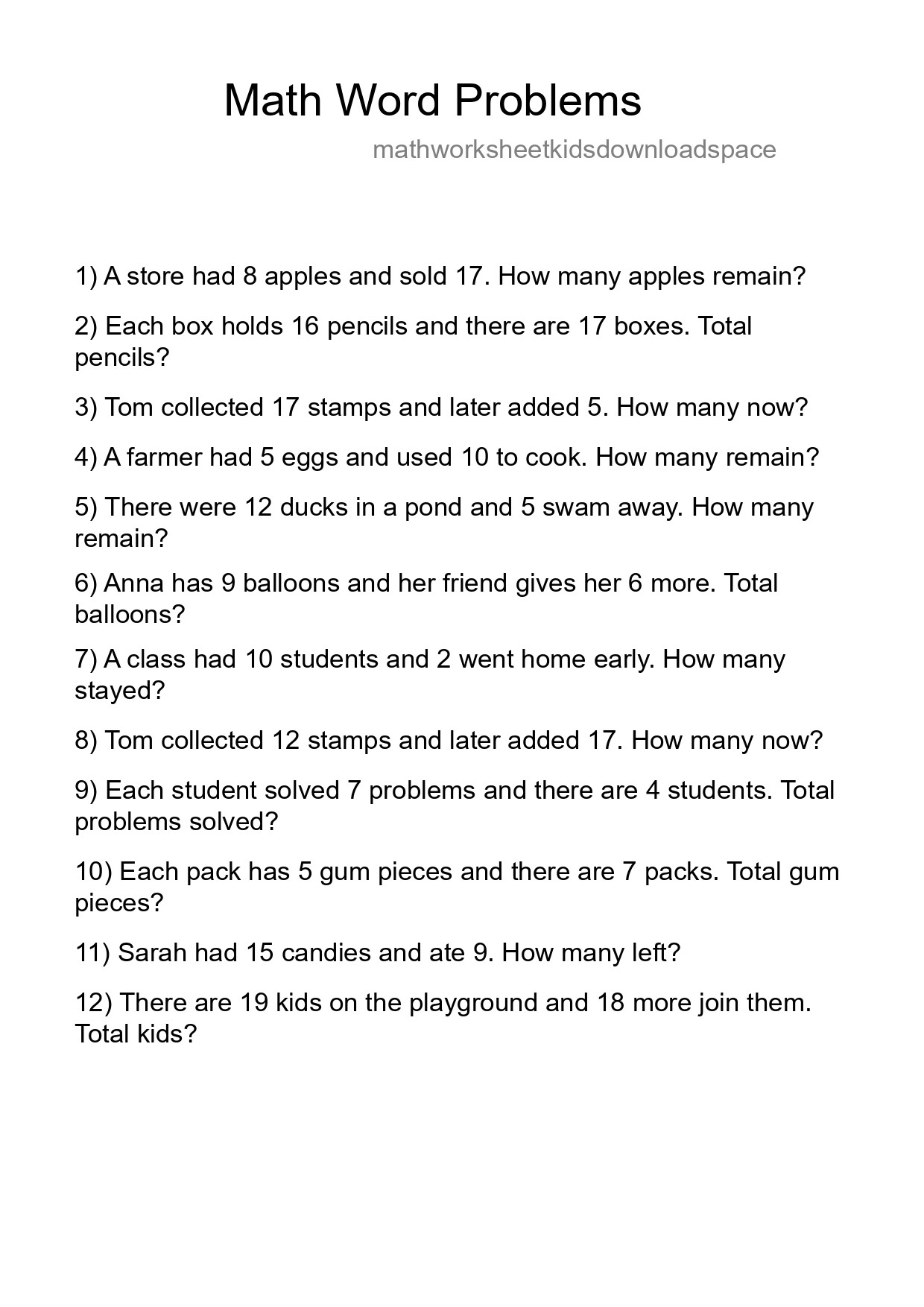 Math Word Problem Worksheet