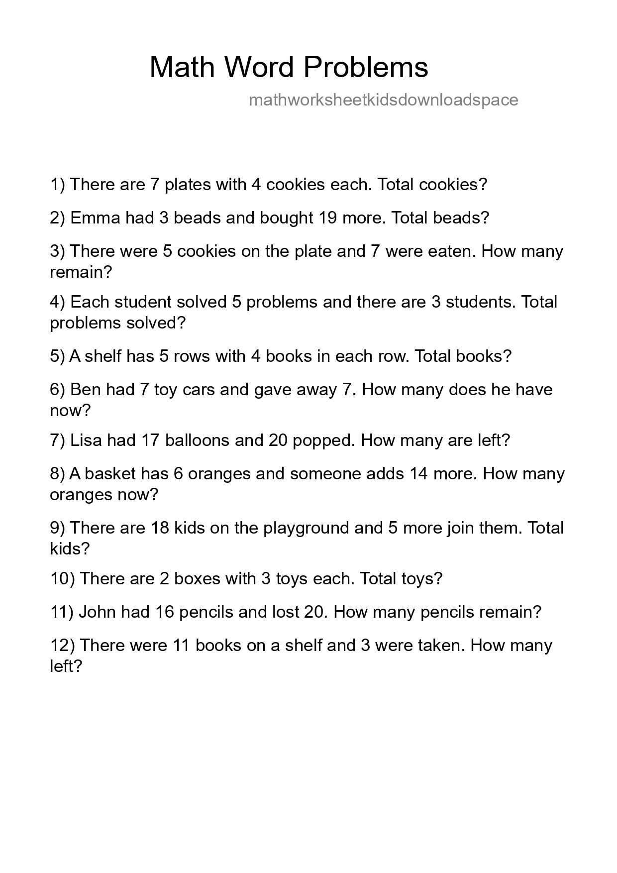 Math Word Problem Worksheet
