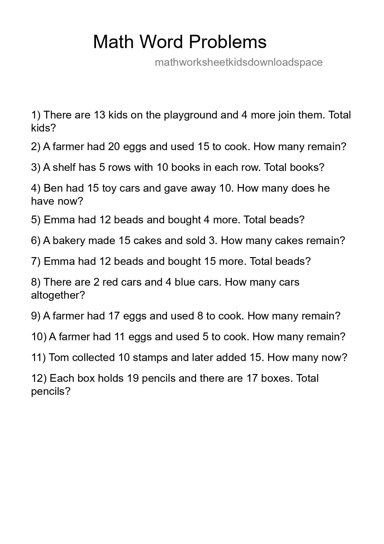 Math Word Problem Worksheet