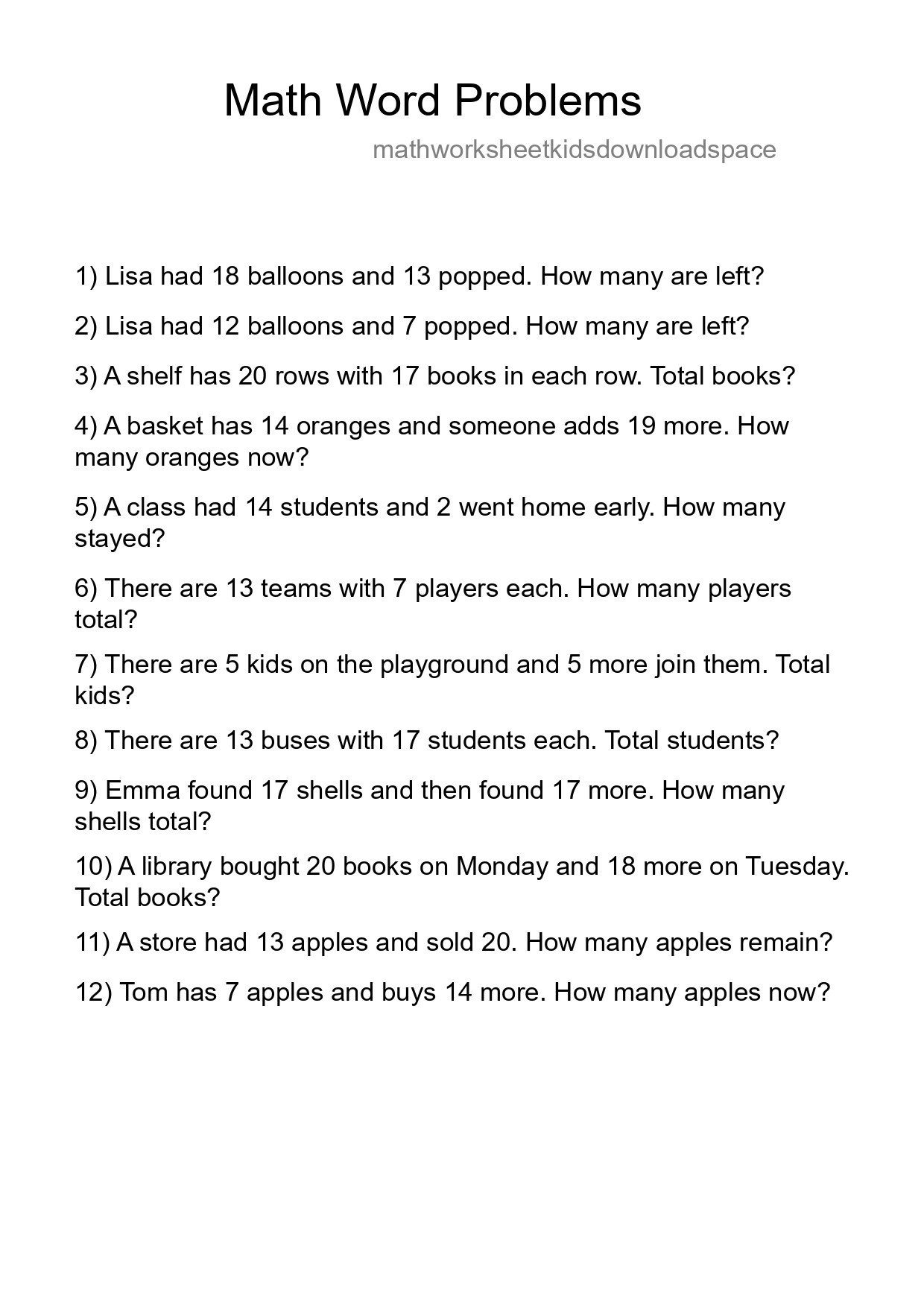 Math Word Problem Worksheet