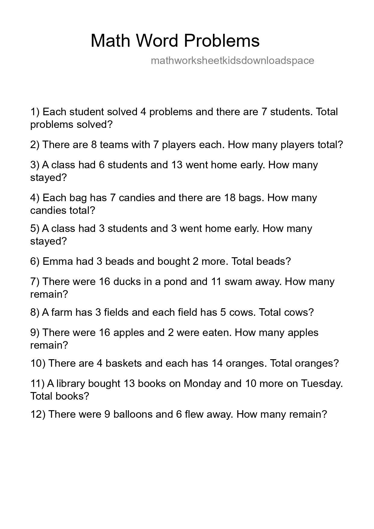 Math Word Problem Worksheet