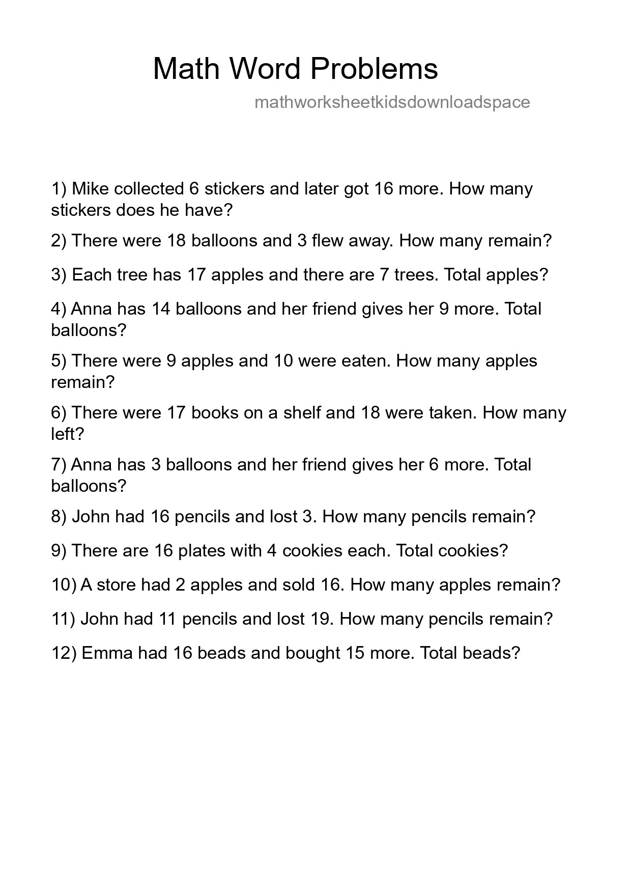 Math Word Problem Worksheet