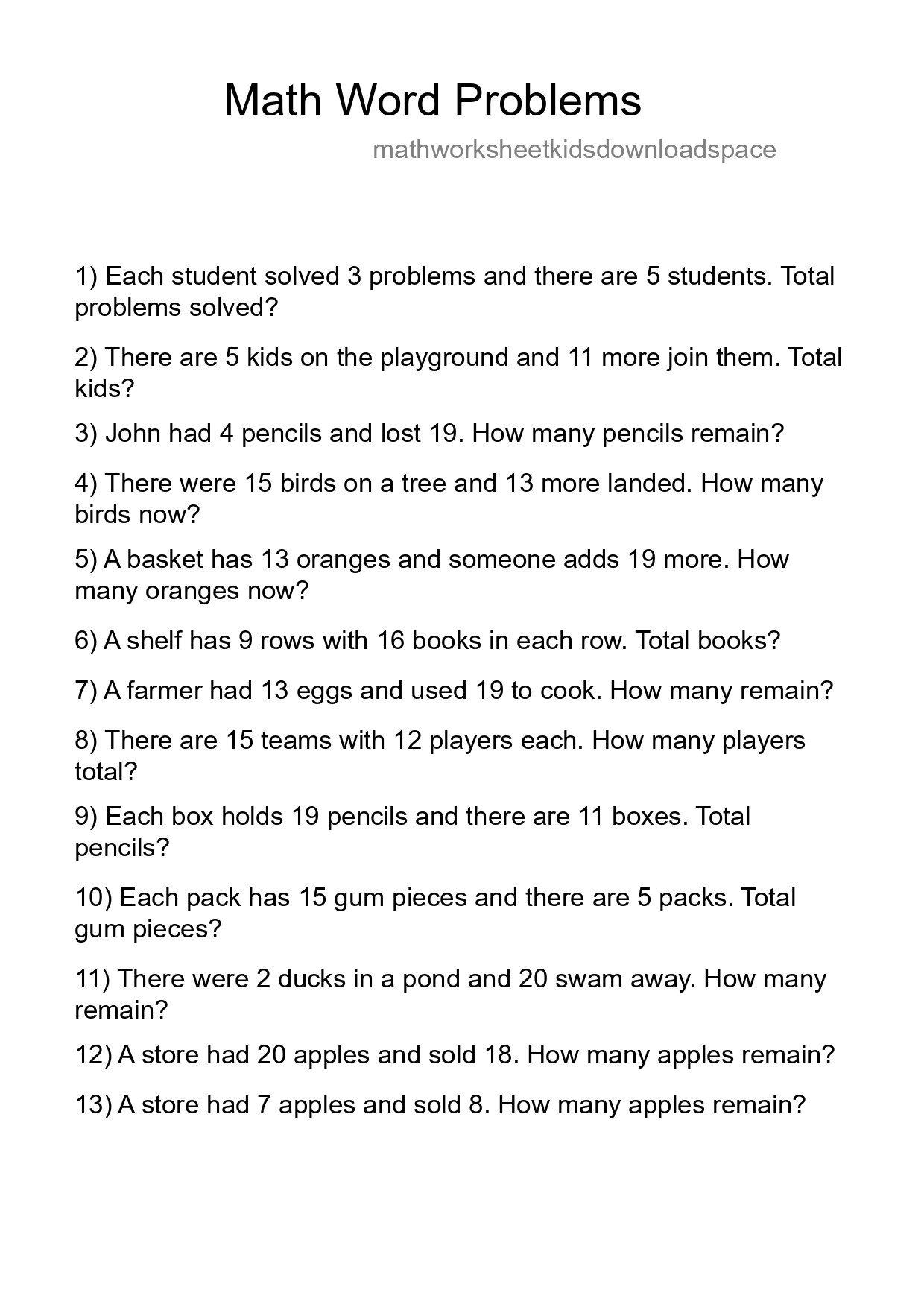 Math Word Problem Worksheet