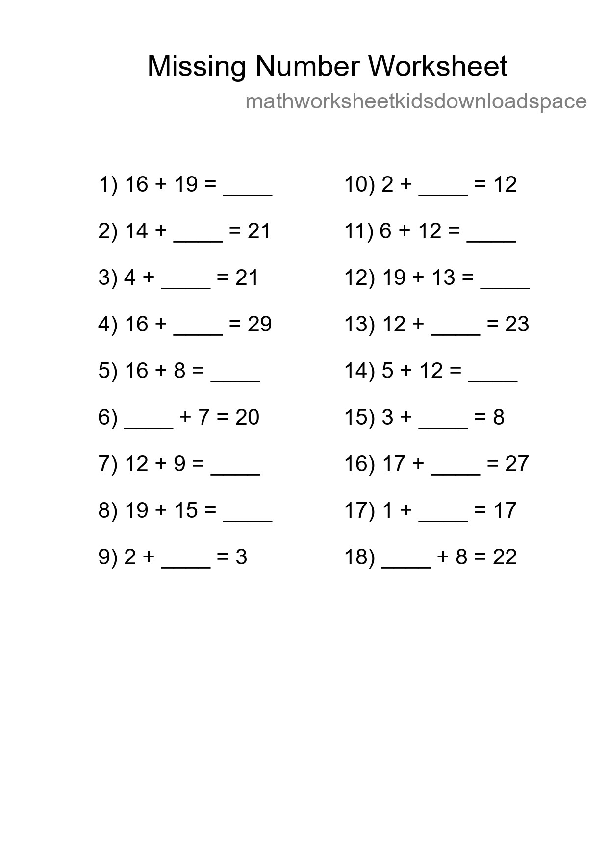 Missing Number Math Worksheet