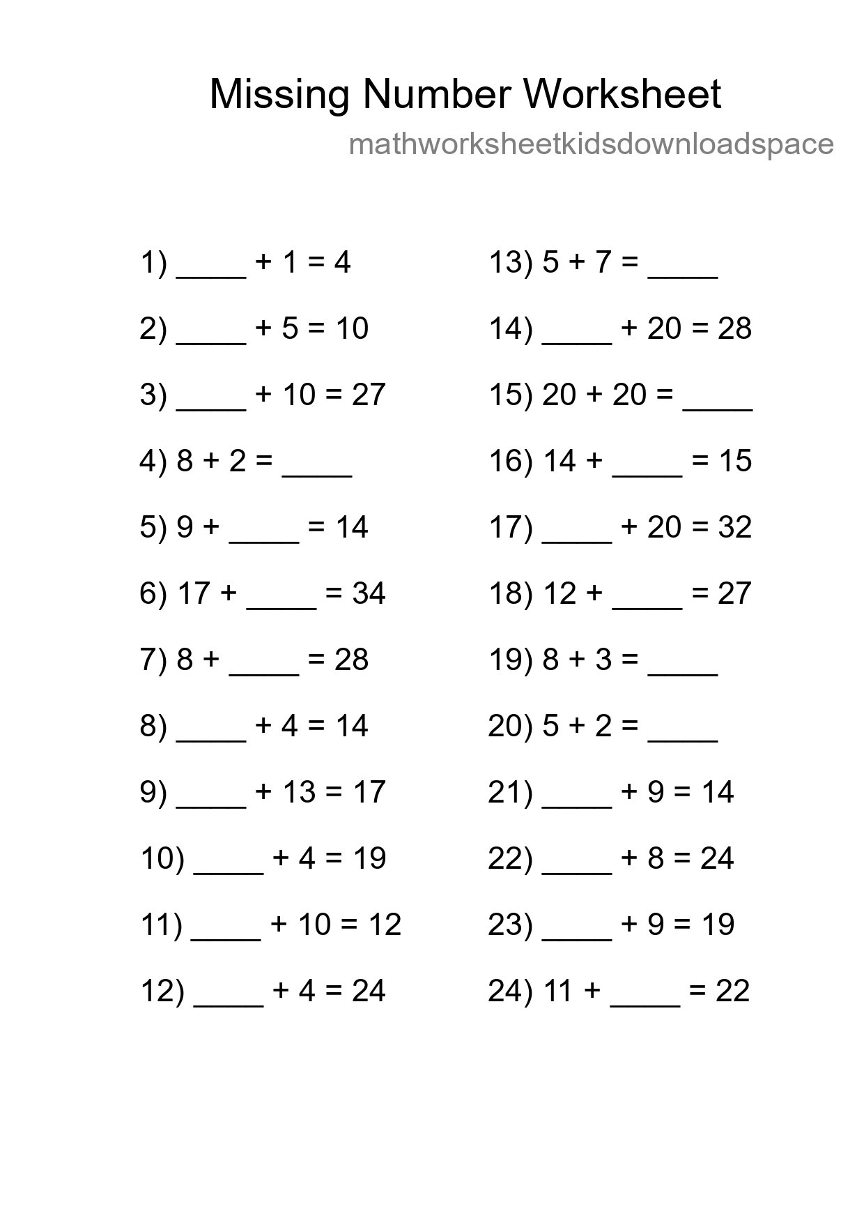 Missing Number Math Worksheet