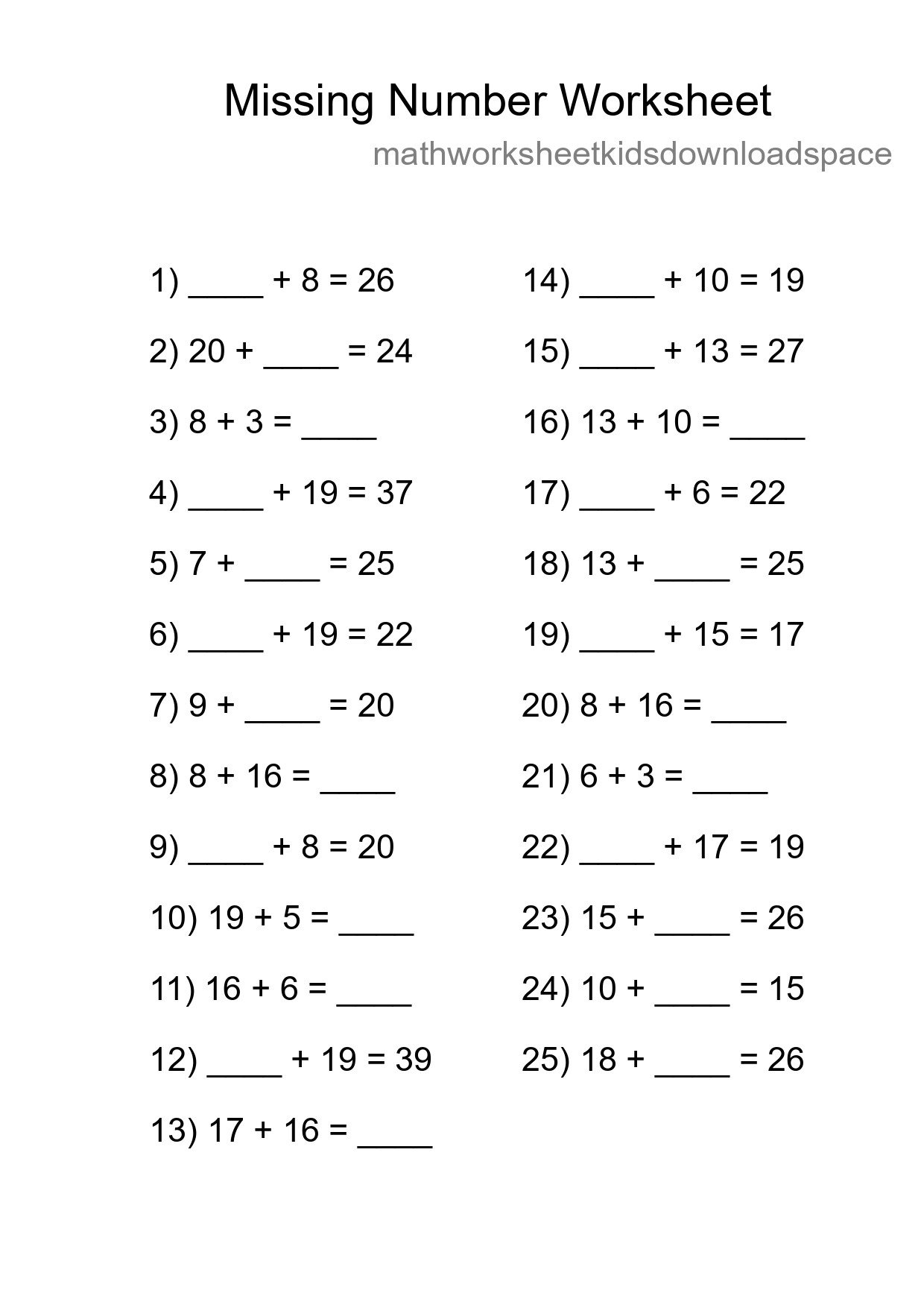 Missing Number Math Worksheet