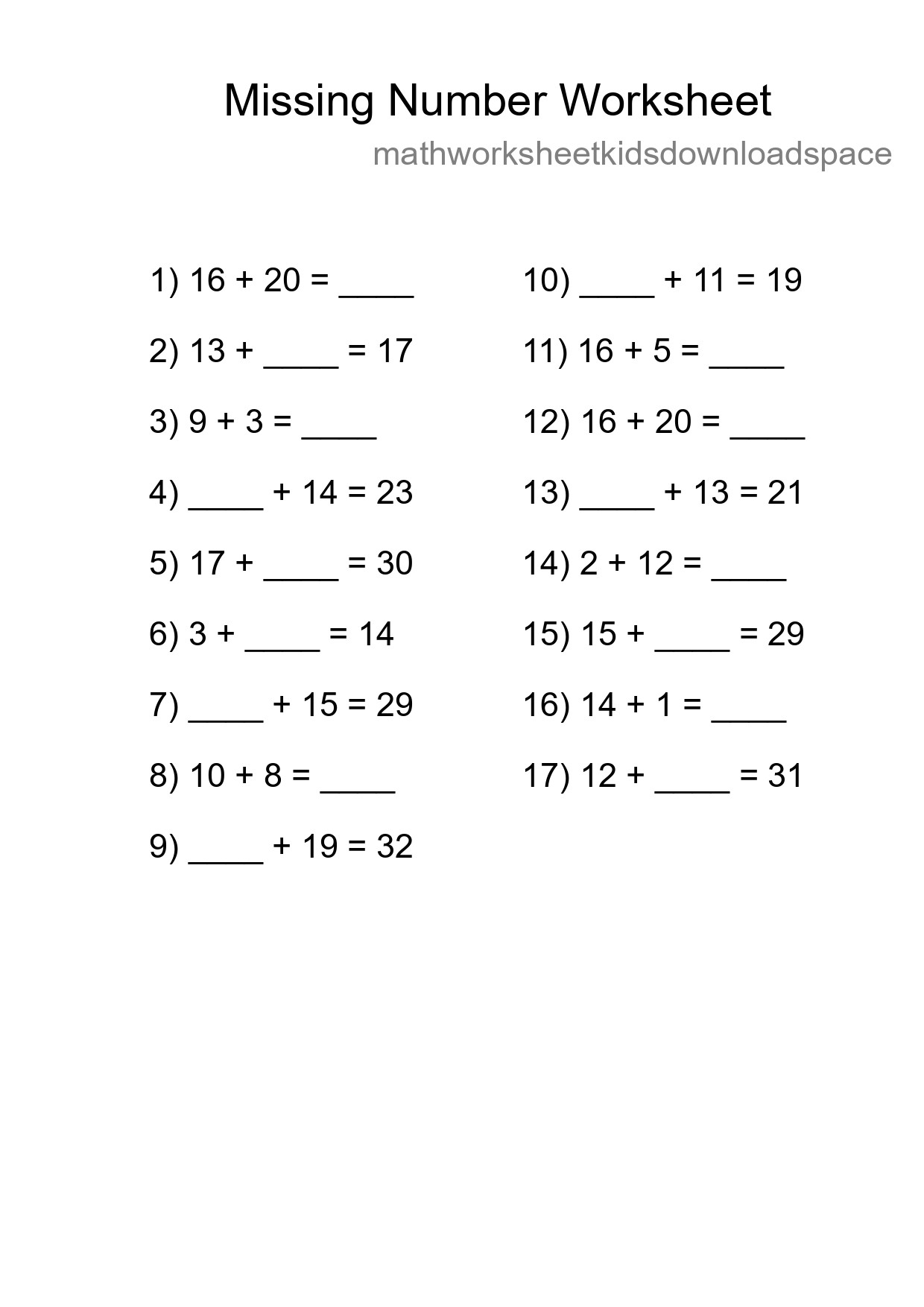 Missing Number Math Worksheet