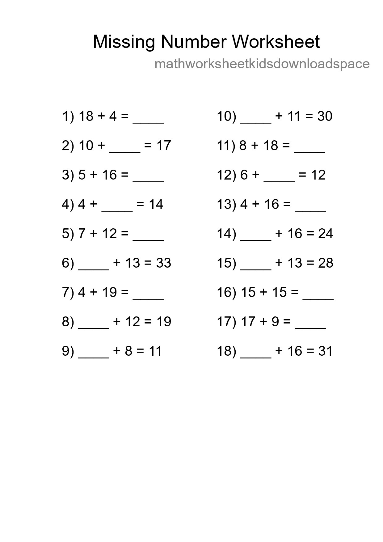 Missing Number Math Worksheet