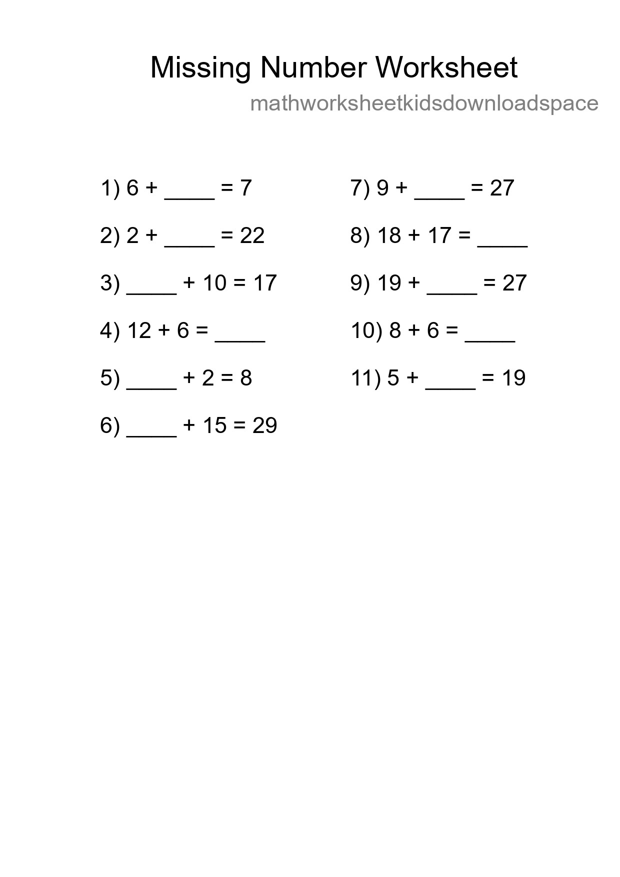 Missing Number Math Worksheet