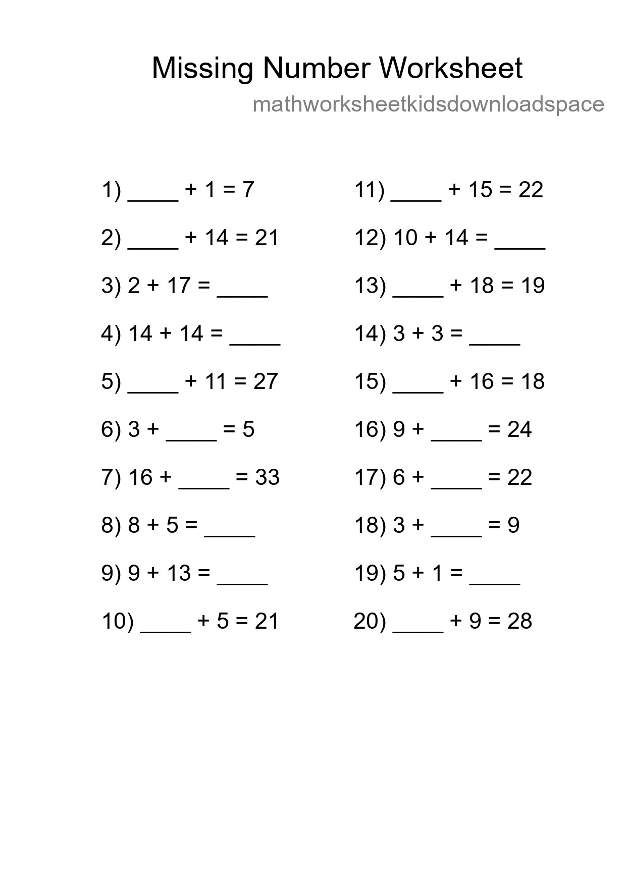 Missing Number Math Worksheet