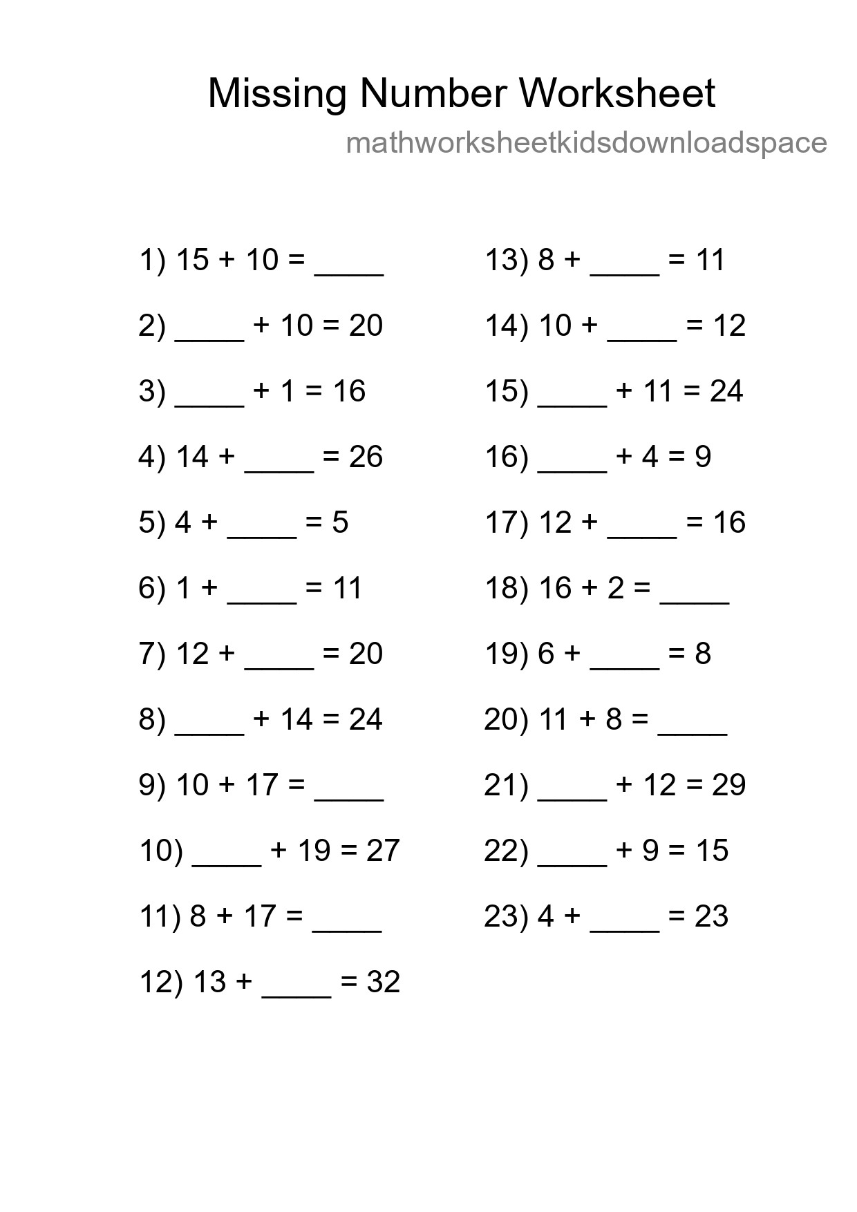 Missing Number Math Worksheet