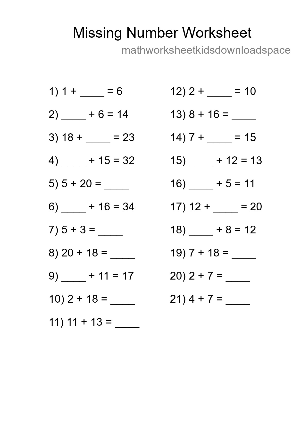 Missing Number Math Worksheet