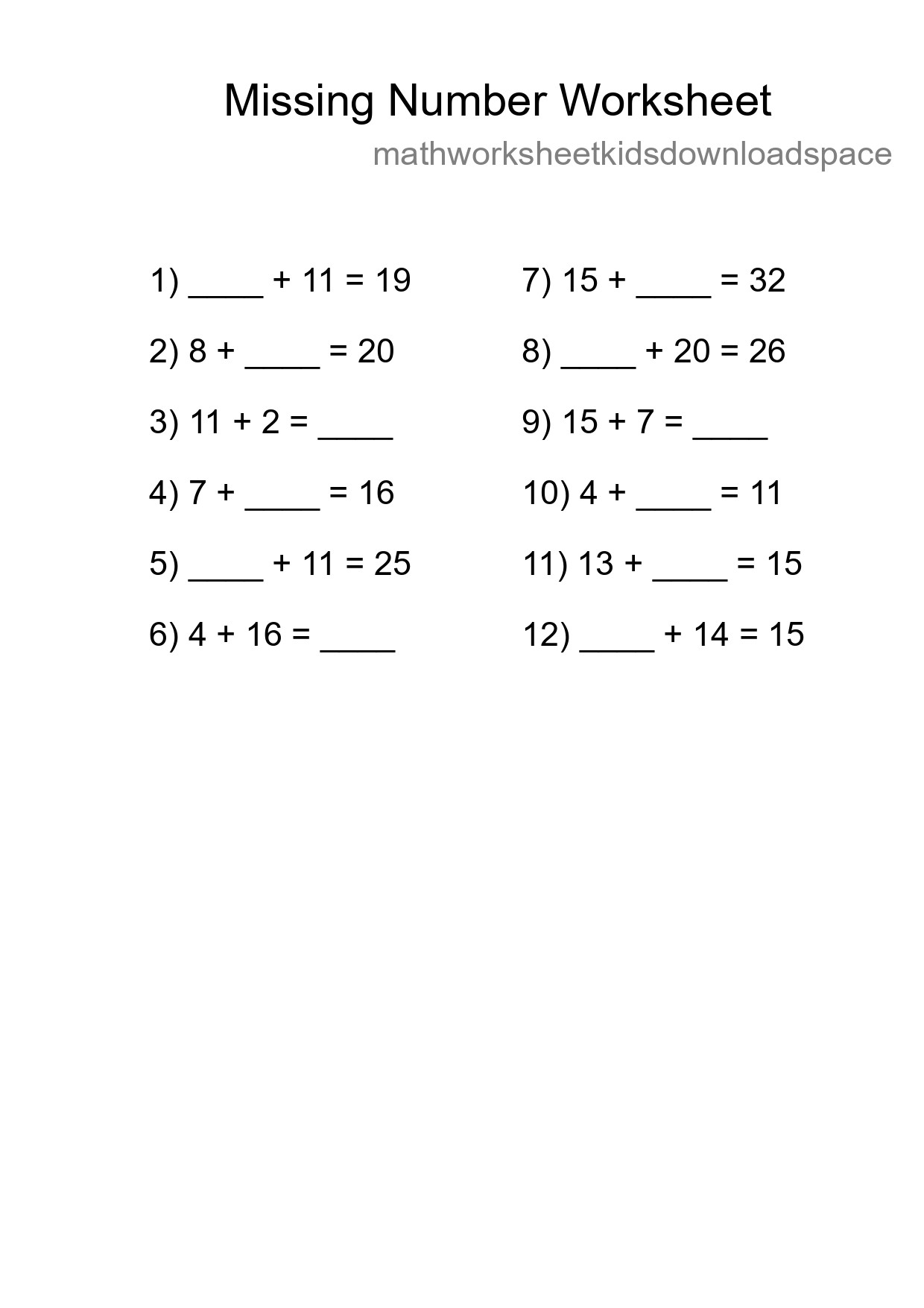 Missing Number Math Worksheet