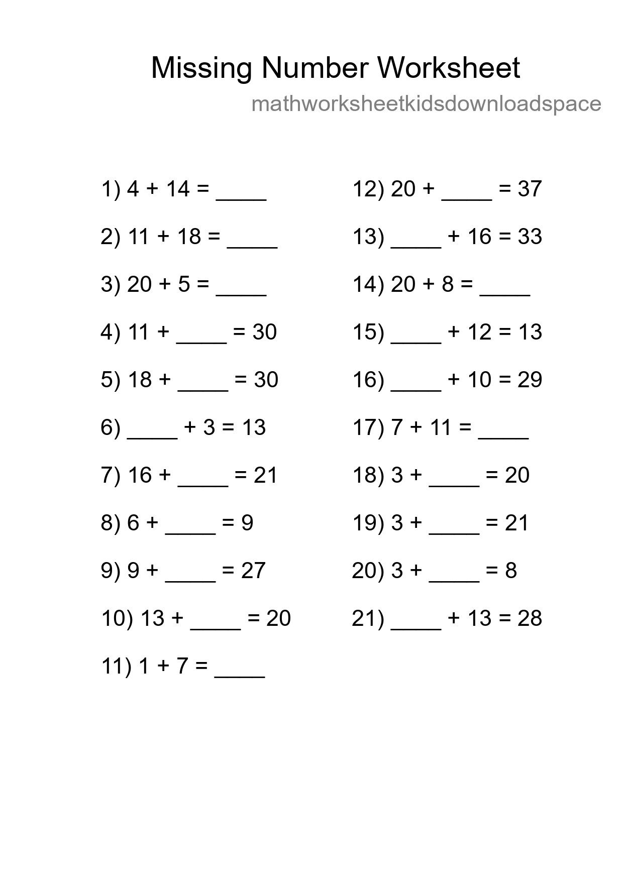 Missing Number Math Worksheet
