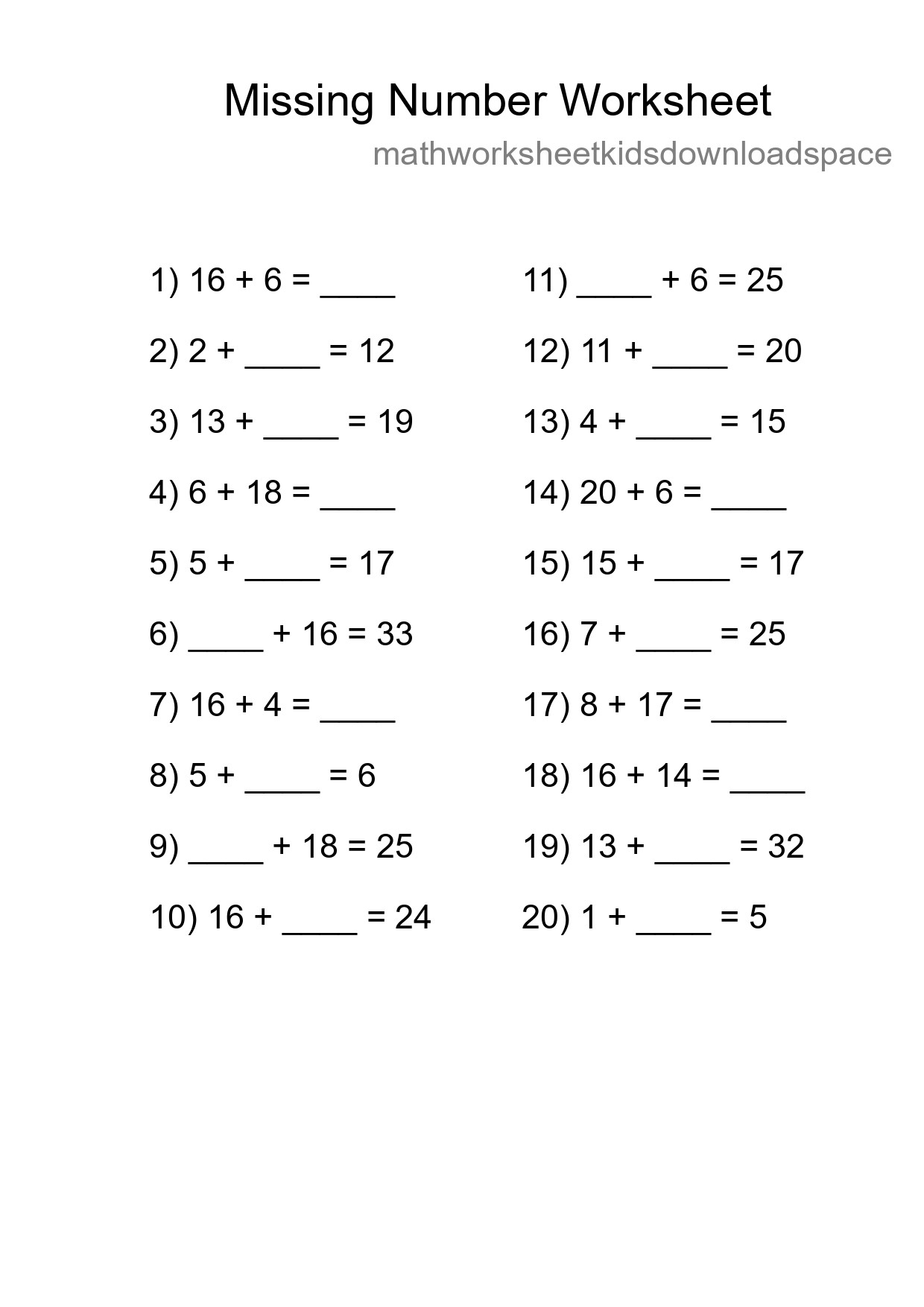 Missing Number Math Worksheet