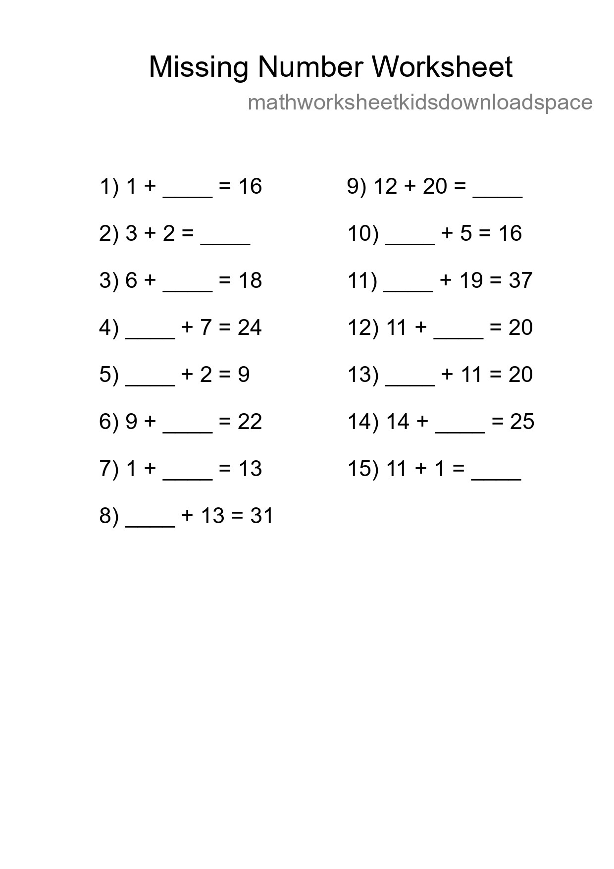 Missing Number Math Worksheet