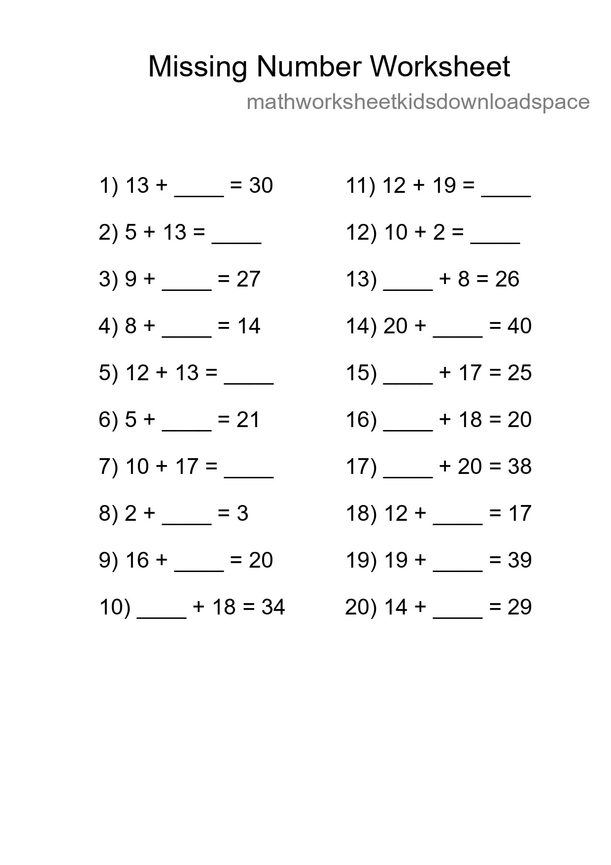 Missing Number Math Worksheet