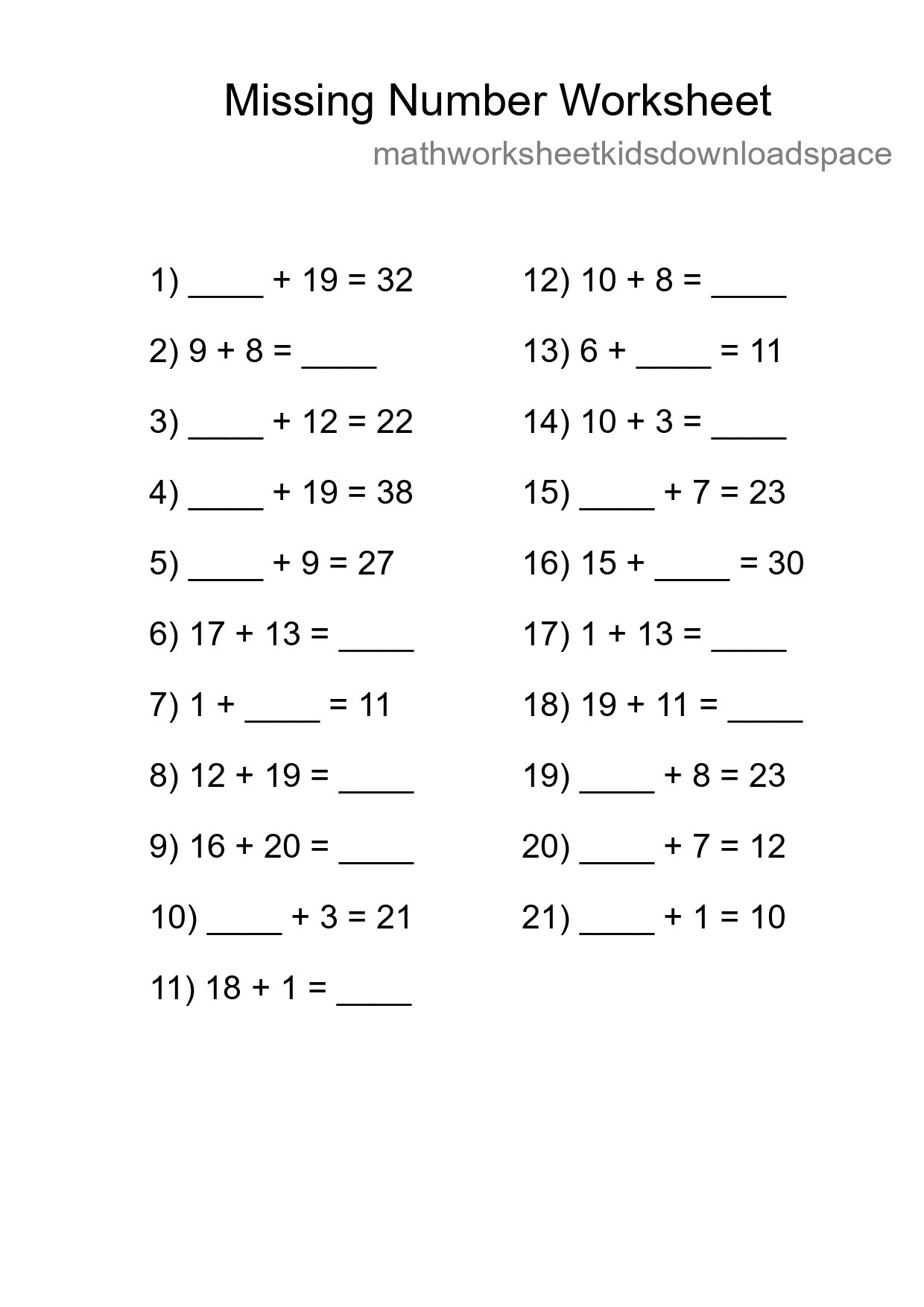 Missing Number Math Worksheet