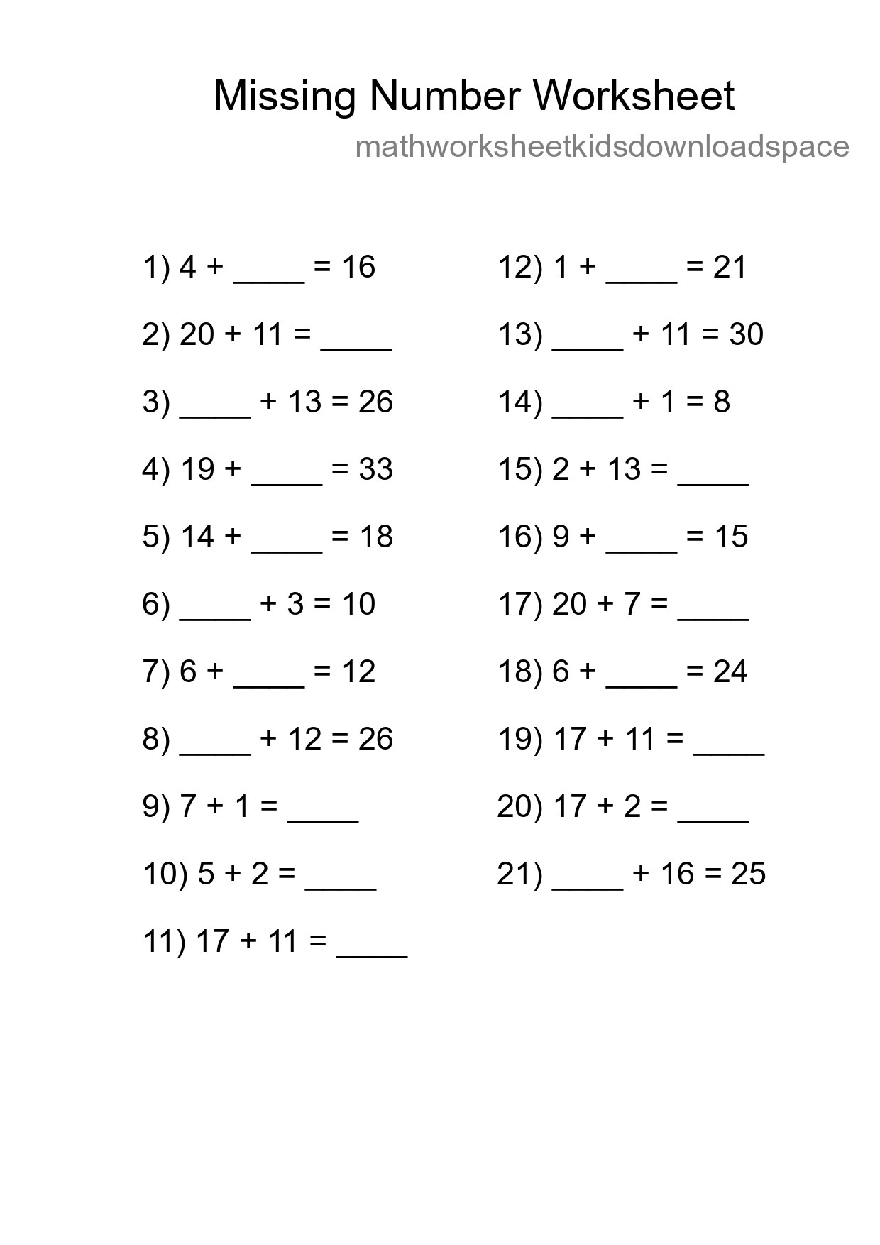 Missing Number Math Worksheet