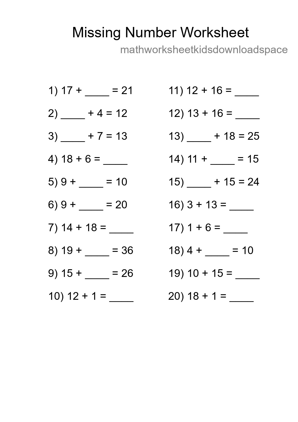 Missing Number Math Worksheet