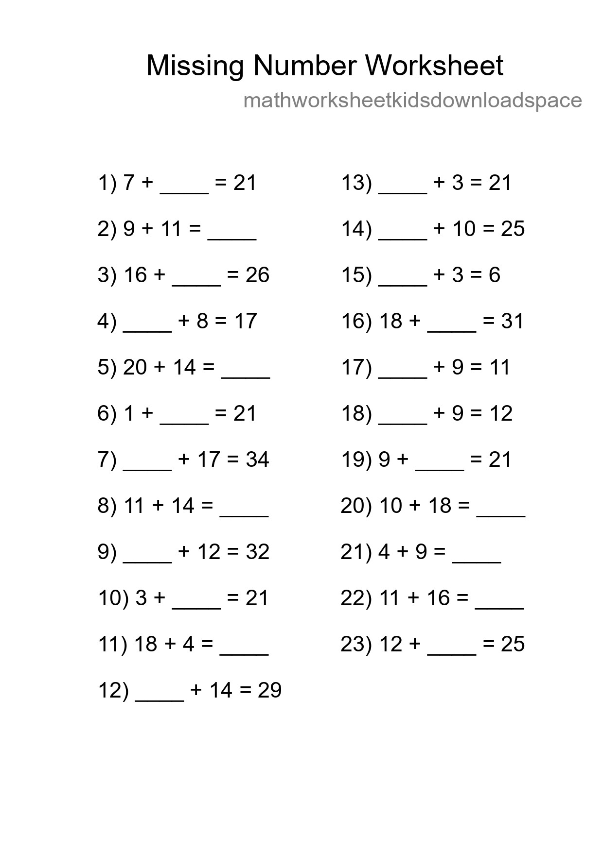 Missing Number Math Worksheet